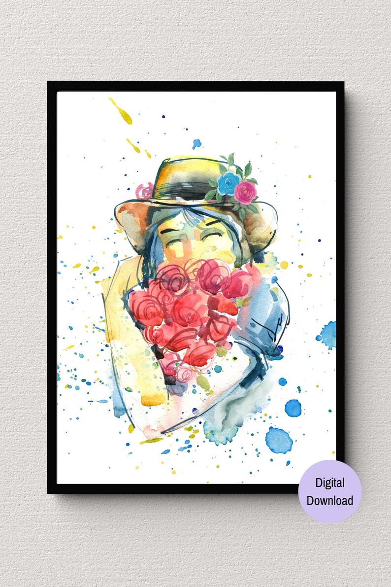 Girl With Flower Bouquet Printable Wall Art Watercolor Flower Etsy
