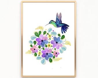 Kolibri Kunstdruck Aquarell Blumen Wandkunst Mädchen Zimmer Dekor Blumen Wandkunst Frühlingsdeko Kinderzimmer Kunst Vogel Wandkunst Blumen Tier Druck