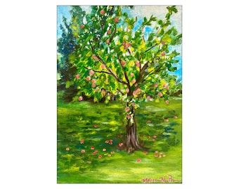 Apple Tree Acrylic Painting Original Art Fall Home Decor Country Wall Art Orchard Landscape Autumn Decoration Fruit Painting 5 x 7 inches