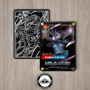 May include: Two black trading card sleeves. One features a white illustration of a character, the other displays a card with a female character, the text "Daughter of the Void", and game details. The Angkor Goods logo is at the bottom.