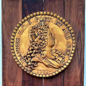 D. João V 24 Escudos Dobra Coin, carved in exotic Iroko wood.