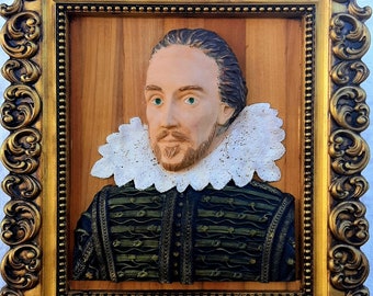 William Shakespeare painting, carved in exotic wood from Kambala/Iroko.