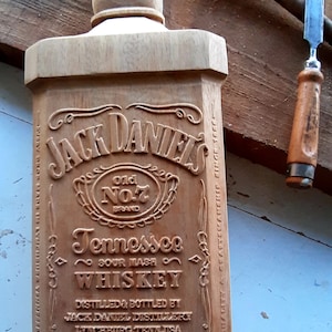 Jack Daniels bottle, carved 180 degrees in exotic wood (to order)