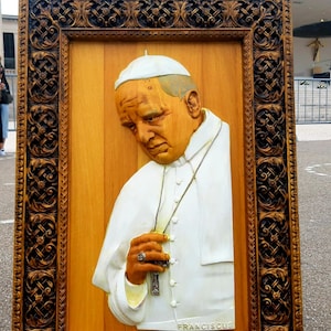 Sculpture of Pope Francis, carved in exotic Kambala/African wood.