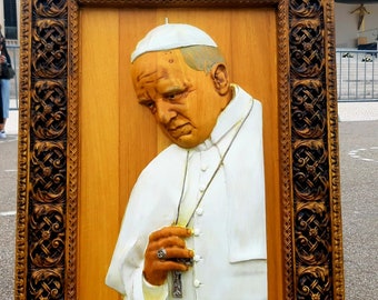 Sculpture of Pope Francis, carved in exotic Kambala/African wood.