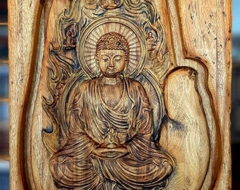 Siddhartha Gautama Buddha sculpture, entirely in exotic wood, worked directly in the wood in relief.