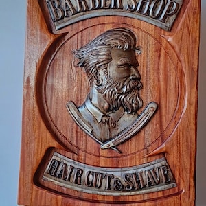 Barber Shop sculpture, carved in exotic Louro do Brasil wood, in relief, in the purest vintage style.