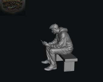 SW5014 Street People - Man Sitting on Bench Checking Messages