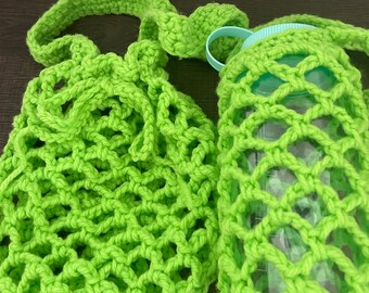 Crochet water bottle holder with matching small crochet bag, lime green acrylic yarn, eco friendly