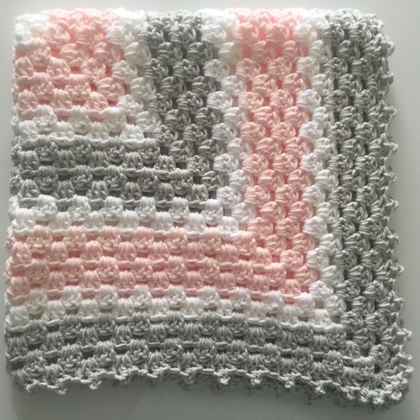 Newborn Granny Square baby girl crochet blanket, pink, gray and white baby crochet blanket, baby shower gift, 27 inch square blanket