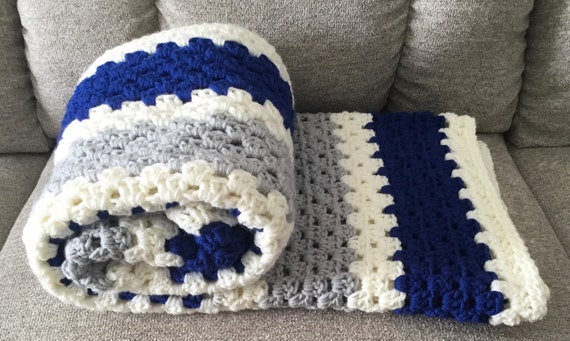 Granny Square Blue, Gray and Cream Crochet Blanket, Granny Square Handmade  Crochet Afghan, Large Crochet Blanket, 46 by 46 In. 
