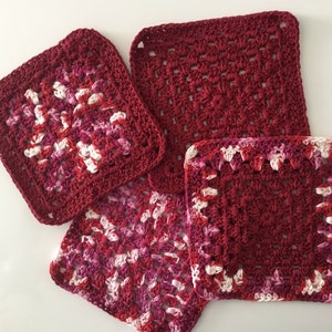 Set of 2, Granny Square Style crochet cotton washcloths/dishcloths, burgundy red, pink, white, 100% cotton, 8" square