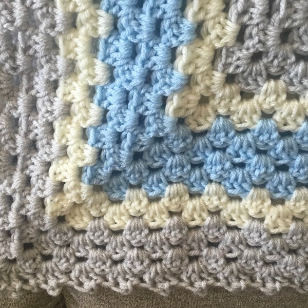 Newborn Granny Square baby boy crochet blanket, blue, gray and ivory, baby shower gift, 27 inch square blanket, handmade item