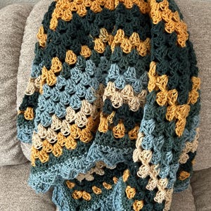 Handmade Granny Square Crochet Baby Blanket, Blue, Gold, Green