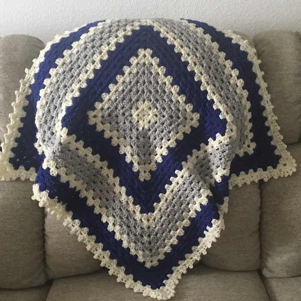 Granny Square  baby boy crochet blanket, blue, gray and cream baby crochet blanket, baby shower gift, 3O inch square blanket, handmade