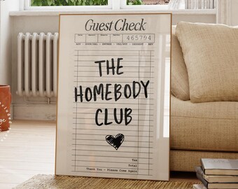 Guest Check Homebody Club Print, Trendy Grey Guest Check, Retro Quote Print, Trendy Wall Art, Bar Cart Art, Let's Stay Home Print