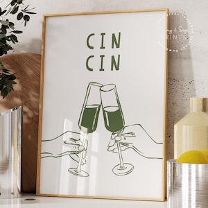 Cin Cin-print, handgetekende cheers afdrukbare kunst, cheers poster, retro kunst aan de muur, glazen gerinkel poster, keukendecor, print groene barwagen