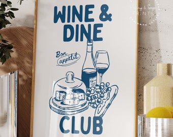 Vin- och middagsklubbstryck, barvagnsdekor, kökstryck, handritad vinposter, utskrivbar väggkonst, present till vinälskare, matkonst i blått