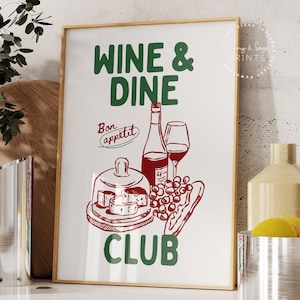 Wine and Dine Club print, bar kar decor, keuken print, handgetekende wijn poster, afdrukbare muur kunst, wijnliefhebber cadeau, foodie art afdrukbare