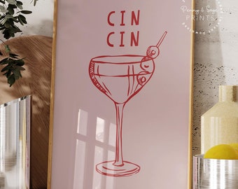 Impresión de Cin Cin, impresión de club de cócteles dibujada a mano, impresión de arte de pared retro de moda, póster de cóctel, decoración de cocina rosa, impresión de carrito de bar