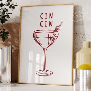 Cin Cin-print, handgetekende cocktailclub afdrukbaar, Art Cheers print, trendy retro muurkunst, cocktailposter rode keuken decor barwagen print