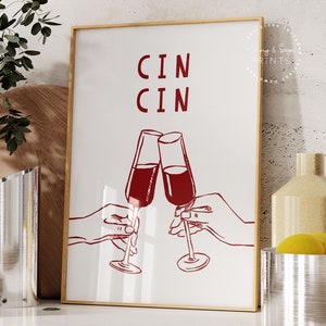 Cin Cin-print, handgetekende cheers afdrukbare kunst, cheers poster, retro kunst aan de muur, glazen gerinkel poster, keukendecor, print rode barwagen