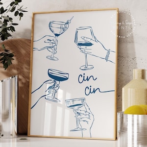 Cin Cin-print, handgetekende cocktail afdrukbaar, print art Cheers, trendy retro muurkunst, cocktailposter blauwe keuken decor barwagen print