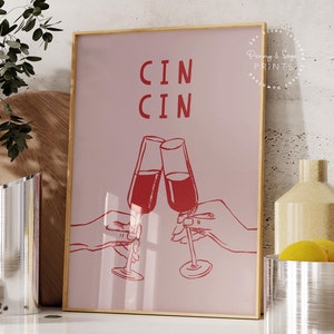 Cin Cin-afdruk, handgetekende proost afdrukbare kunst, gejuich poster, retro kunst aan de muur, glazen gerinkel poster, keukendecor, rood roze barwagen afdrukken