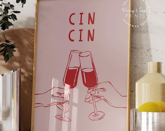 Impresión de Cin Cin, arte imprimible de Cheers dibujado a mano, póster de Cheers, arte de pared retro, póster de vasos tintineantes, decoración de cocina, impresión de carrito de bar rojo y rosa