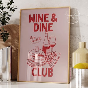 Wine and Dine Club print, bar kar decor, keuken print, handgetekende wijn poster, afdrukbare muur kunst, wijnliefhebber cadeau, foodie art roze