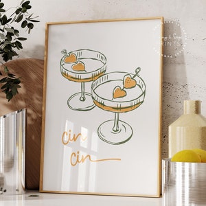 Cin Cin-print, handgetekende cheers afdrukbare kunst, cheers poster, retro kunst aan de muur, glazen cocktail poster, keukendecor, print groene barwagen