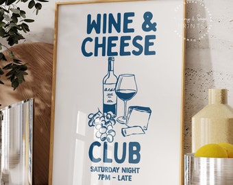 Vin- och ostklubbstryck, barvagnsdekor, kökstryck, handritad vinposter, utskrivbar väggkonst, present till vinälskare, blå konst
