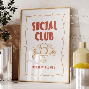 Social club print, bar kar decor, keuken print, handgetekende citroen poster, afdrukbare kunst, kookclub, foodie minnaar cadeau, foodie kunst