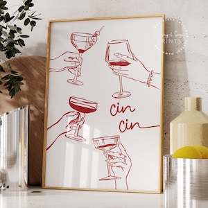 Cin Cin-print, handgetekende cocktailclub afdrukbaar, Art Cheers print, trendy retro muurkunst, cocktailposter rode keuken decor barwagen print