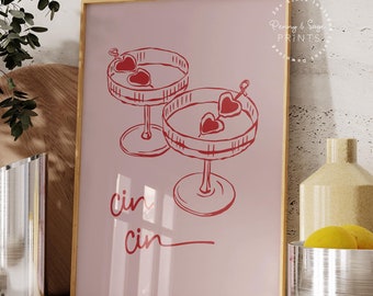 Impresión de Cin Cin, arte imprimible de "Salud" dibujado a mano, póster de "Salud", arte mural retro, póster de cócteles, decoración de cocina, arte de carrito de bar rojo y rosa