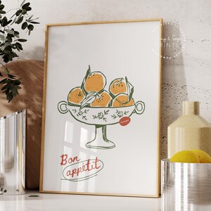 Arte de pared para cocina, impresión de comida en un tazón con naranjas, ilustración dibujada a mano, arte de pared imprimible, mercado de frutas, póster de cocina retro vintage