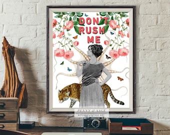 William Morris Vintage Collage Print, Don't Rush Me Zitat, Retro Antike Illustration, wandbild, druckbare Wandkunst, Digitaler Download