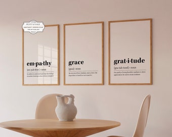 Druckbares Wandkunst Set mit 3 Empathie Anmut Dankbarkeit Definitionen, Zitat Druck, Dankbar Esszimmer Dekor, Flur Dekor, Wohnzimmer Dekor