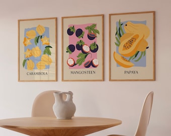 Set of 3 Fruit Prints, Kitchen Wall Art, Dining Room Wall Decor, Tropical Fruit Market Print, Fruit Market Poster, Kitchen Prints