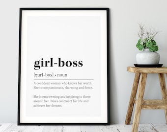 Arte de pared de definición de Girl-Boss, Decoración de cita de Girl-Boss, Impresión en blanco y negro, Arte de pared IMPRIMIBLE, Descarga digital, Regalo para amigo