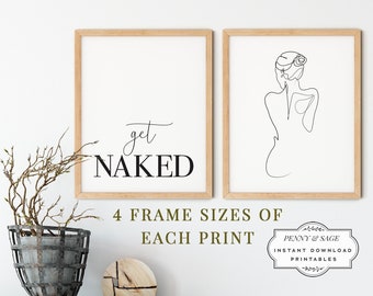 Set of 2: Get Naked Bathroom Sign, Bathroom Wall Decor, Get Naked Sign, Bathroom Wall Art, Bedroom Wall Decor, Continuous Line Art