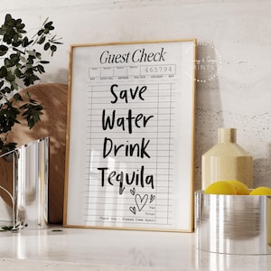 Guest Check Save Water Drink Tequila Print, Trendy Pink Guest Check, Retro Printable, Entryway Art, Preppy Wall Art Print