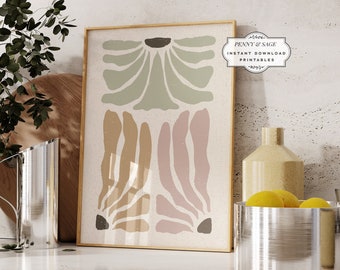 Sage Green Aesthetic Wall Art, Flower Wall Décor, Organic Shapes, Abstract Print, Digital Download Abstract Botanical