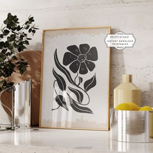 Neutral Botanical Black Beige Wall Art, Flower Wall Décor, Organic Shapes, Abstract Print, Digital Download Abstract Botanical