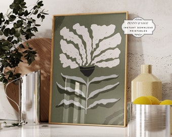 Sage Green Aesthetic Wall Art, Flower Wall Décor, Organic Shapes, Abstract Print, Digital Download Abstract Botanical