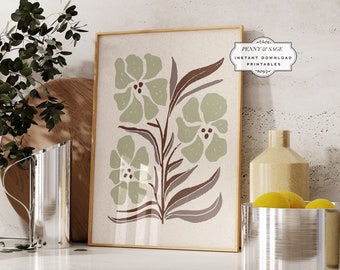 Sage Green Aesthetic Wall Art, Flower Wall Décor, Organic Shapes, Abstract Print, Digital Download Abstract Botanical