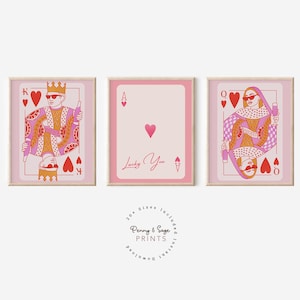 Lucky You-poster, trendy Y2K-print, Queen of Hearts muurkunst, Ace Card Print Trendy Queen and King-poster set van 3 PRINTABLES digitale kunst