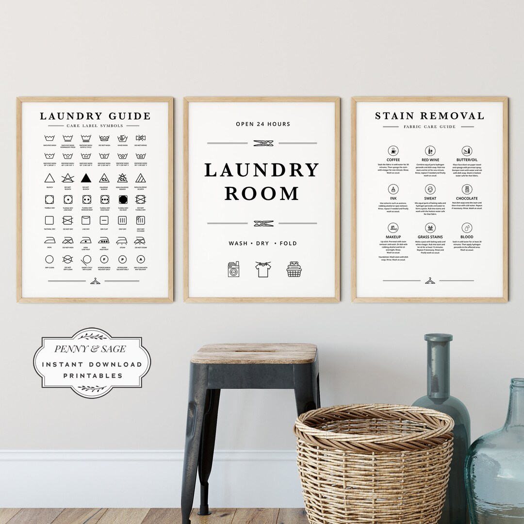 Laundry Room 3 Print Set, Laundry Wall Decor, Laundry Care Symbol Guide ...