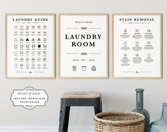 Laundry Room 3 Print Set, Laundry Wall Decor, Laundry Care Symbol Guide, Laundry Room Art, Stain Removal, PRINTABLE Art, Digital Download
