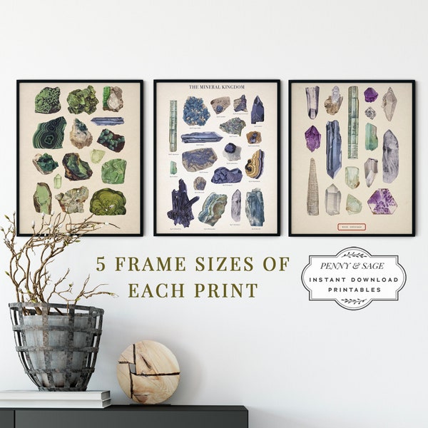 Set of 3 Vintage Art Prints: Rock Crystals, Green Gems and Mineral Kingdom Illustrations Chart Print, PRINTABLE Wall Art, Digital Download